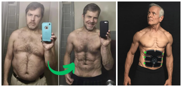 Collage of a man's before-after images using Ab Force and a man using Ab Force